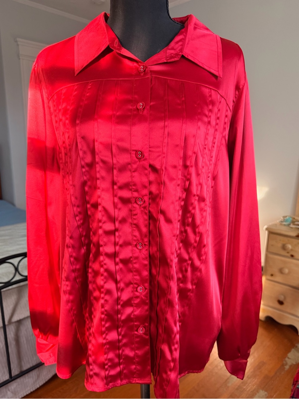 Susan Graver Satin Button-Up Blouse in Bright Red Size Large